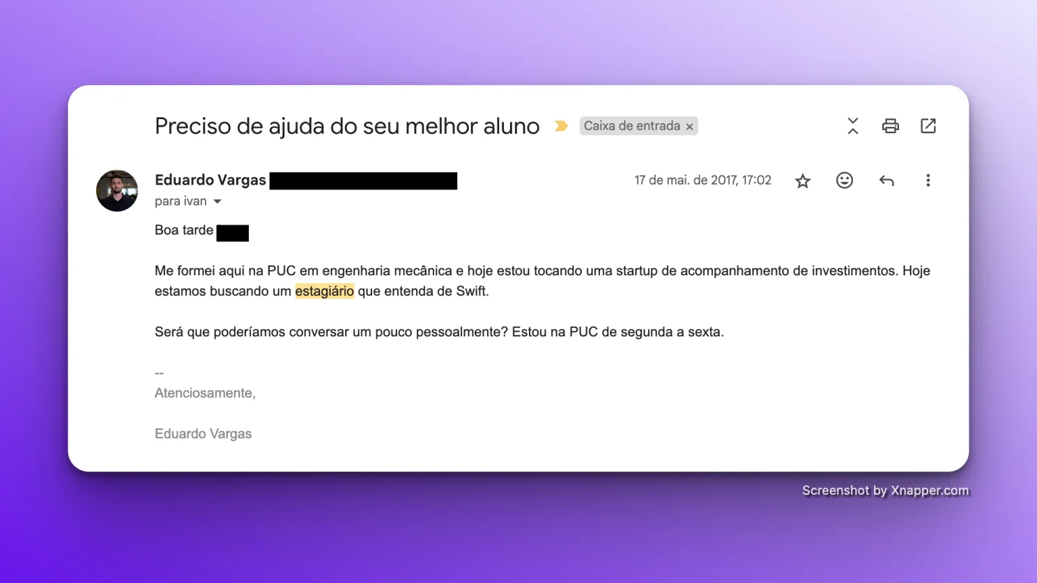 Um dos emails enviados para os professores para bater papo.