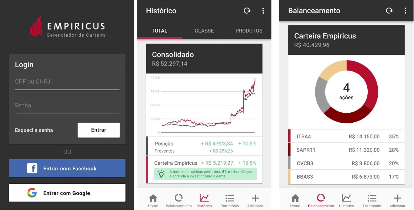 Algumas telas de como seria o white label Empiricus.