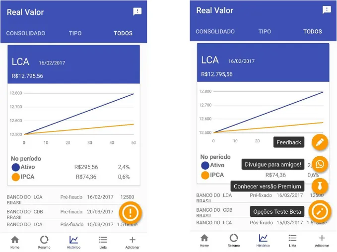 O botão ficava aparente e ao ser clicado aparecia a opção de feedback