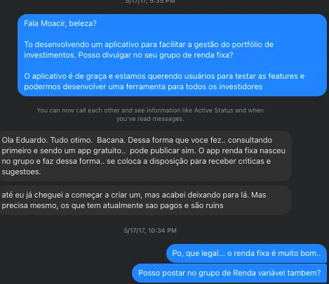 Troca de msgs com o dono de 2 comunidades gigantes